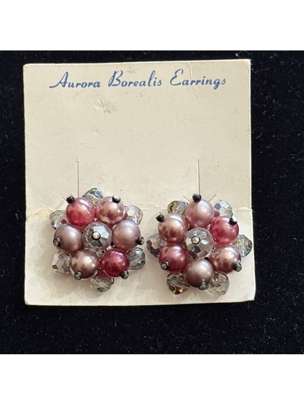 Vintage Aurora Borealis beaded Clip on Earrings on original card